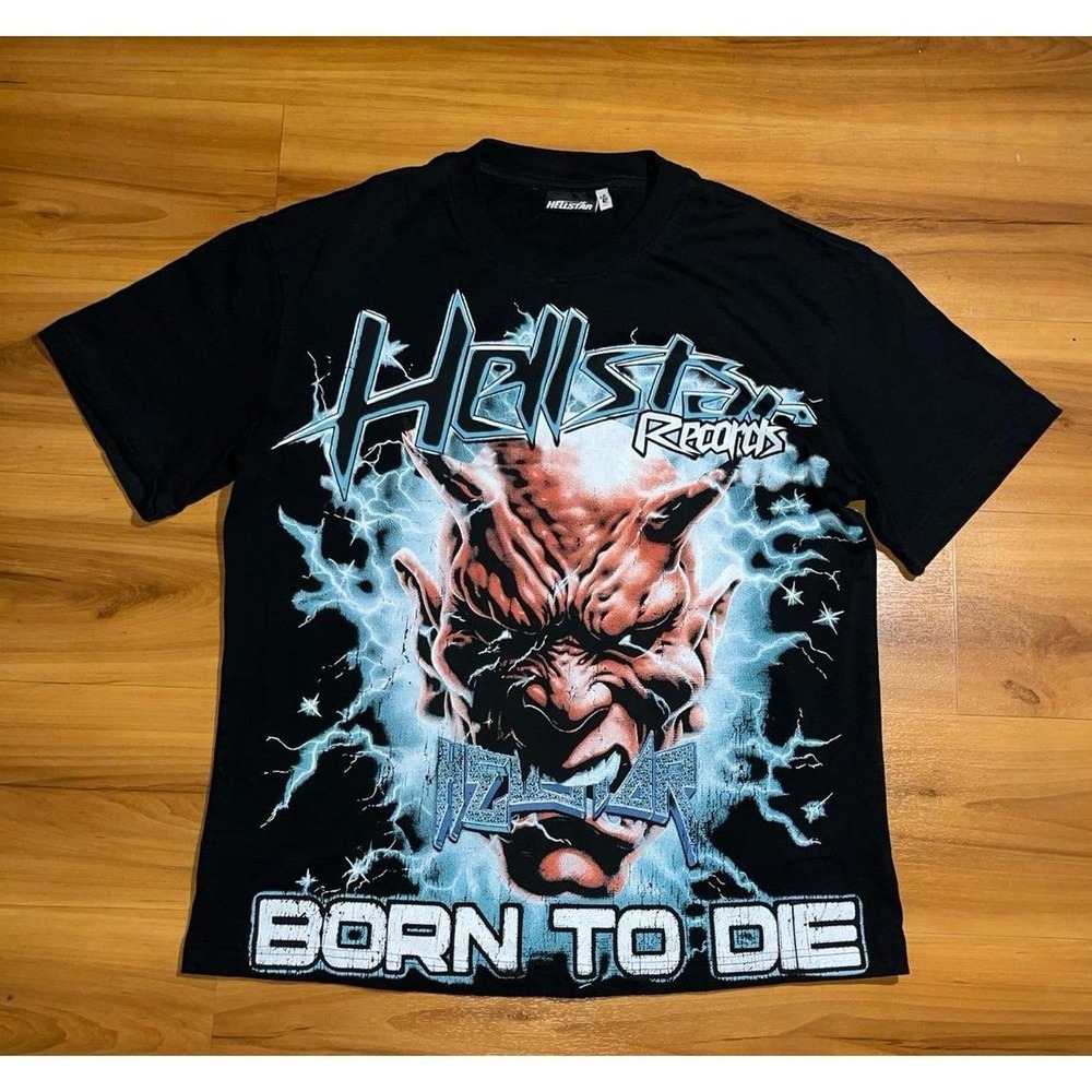 Mens Hellstar Records "Born To Die" Demon Face Thick Crewneck T-Shirt